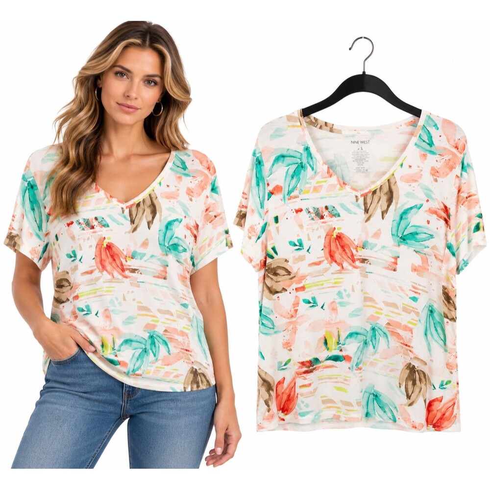 New Nine West V Neck T Shirt Top Size XXL Watercolor Floral Tropical Flowy